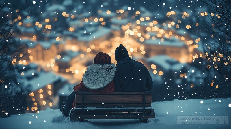 Cozy Moments on a Snowy Hilltop Above a Glowing Town