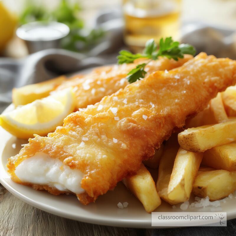 This dish features freshly fried fish fillets coated in crispy batter served alongside golden fries Lemon wedges add a zesty touch enhancing the meals flavors