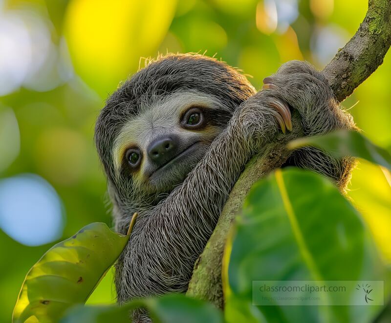 A small baby sloth clings to a tree branch amidst lush green leaves in Costa Rica The creature appears relaxed and content in its natural habitat enjoying a peaceful moment in the tropics