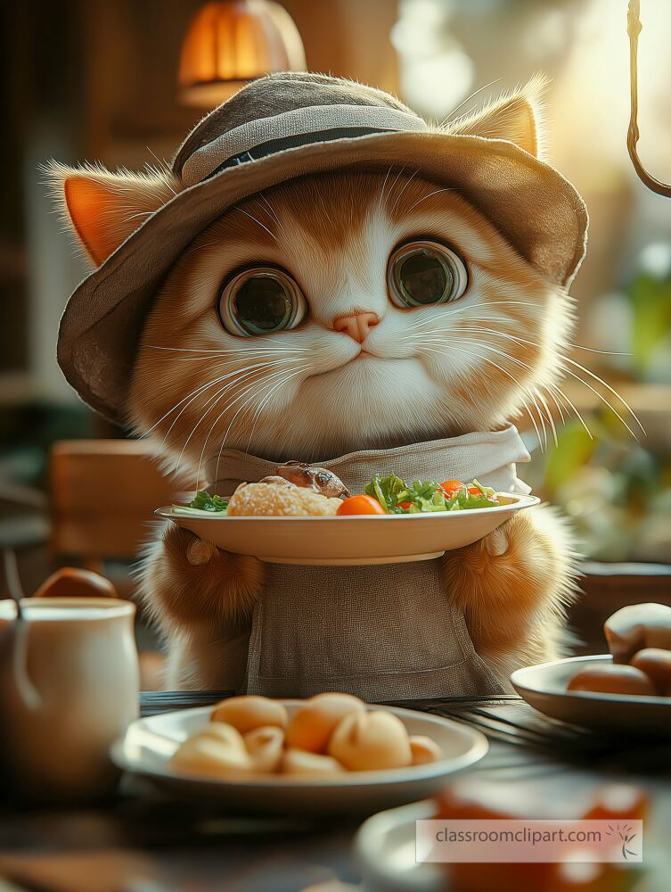 A charming cat with large eyes wears a small hat and holds a plate filled with food The warm cozy atmosphere suggests a friendly gathering during mealtime enhancing the adorable vibe