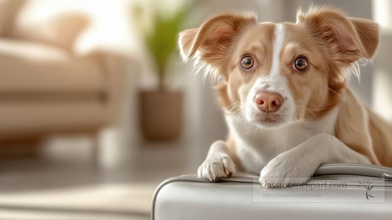 A small dog with brown and white fur is comfortably lying on a suitcase The warm room features soft lighting decor plants and cozy furniture in the background