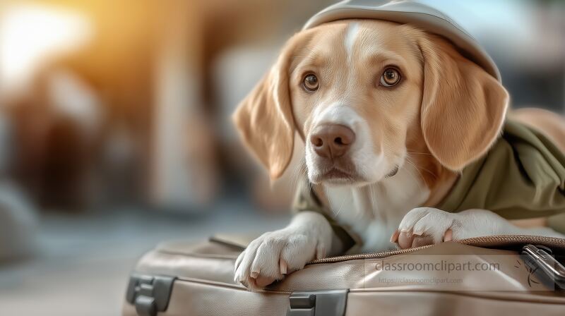 A playful dog lies on a suitcase looking curious and ready for travel It wears a hat adding charm to the scene The background suggests a sunny outdoor location