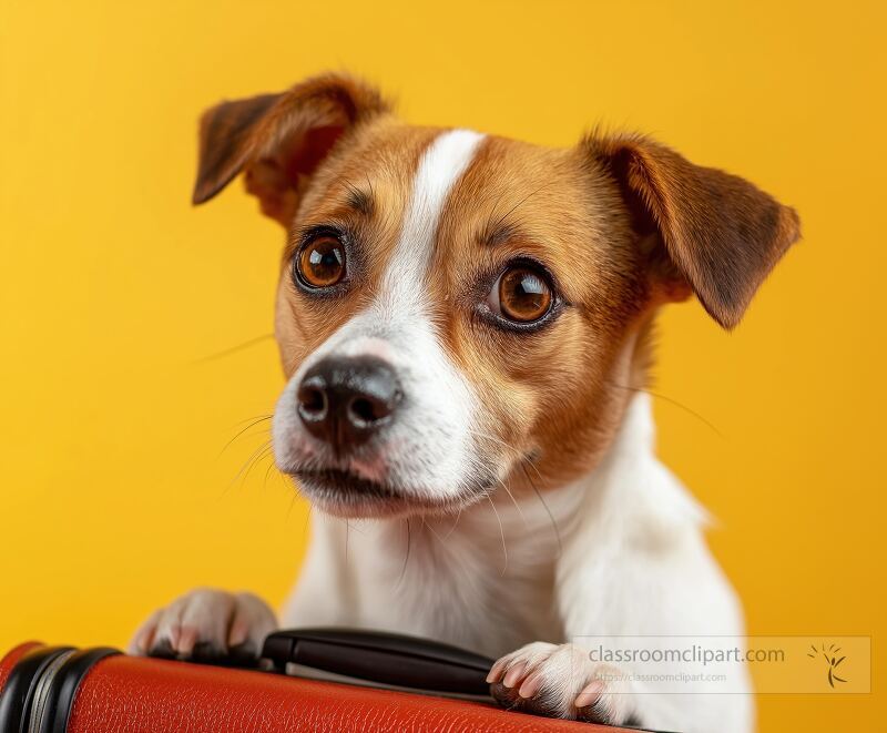 A charming dog holds a suitcase in its paws against a bright yellow background With bright eyes and a playful expression it seems eager for a travel adventure