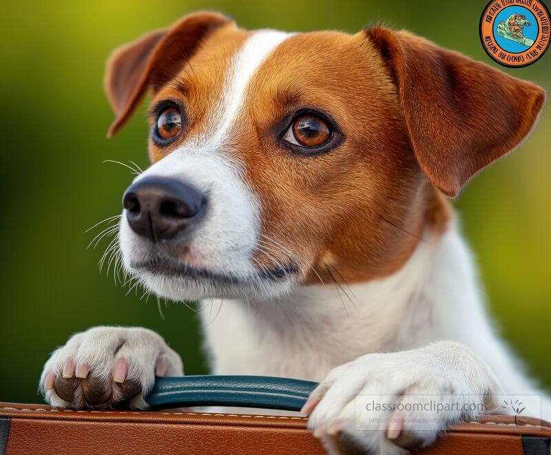 A playful dog holds a suitcase in its paws looking eagerly at the surroundings The background is vibrant with natural colors adding to the excitement of travel and exploration