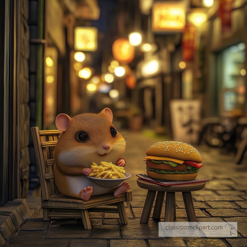 A small adorable hamster sits happily on a chair munching on a plate of fries while a burger awaits on a table nearby Soft lights illuminate the picturesque street of Tainan Anping