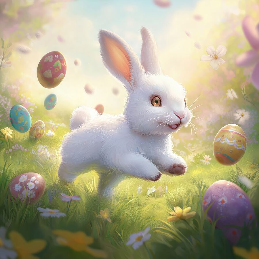 A white rabbit joyfully hops in lush grass among vibrant Easter eggs and blooming flowers