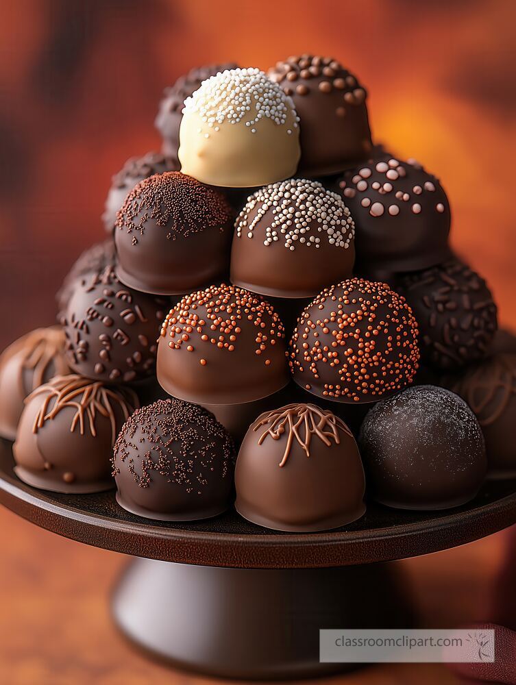 A beautifully arranged pyramid of assorted chocolate truffles sits atop an elegant pedestal The rich confections showcase varied toppings inviting indulgence