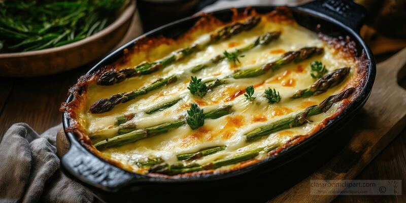 A beautifully baked asparagus dish sits in a rustic dish showcasing golden cheese and vibrant green spears. Perfect for sharing at family gatherings or cozy dinners in the evenings.