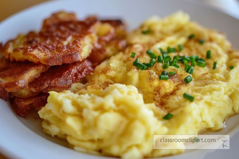 A plate of scrambled eggs garnished with chives beside crispy slices of bacon offers a hearty and satisfying breakfast perfect for starting the day