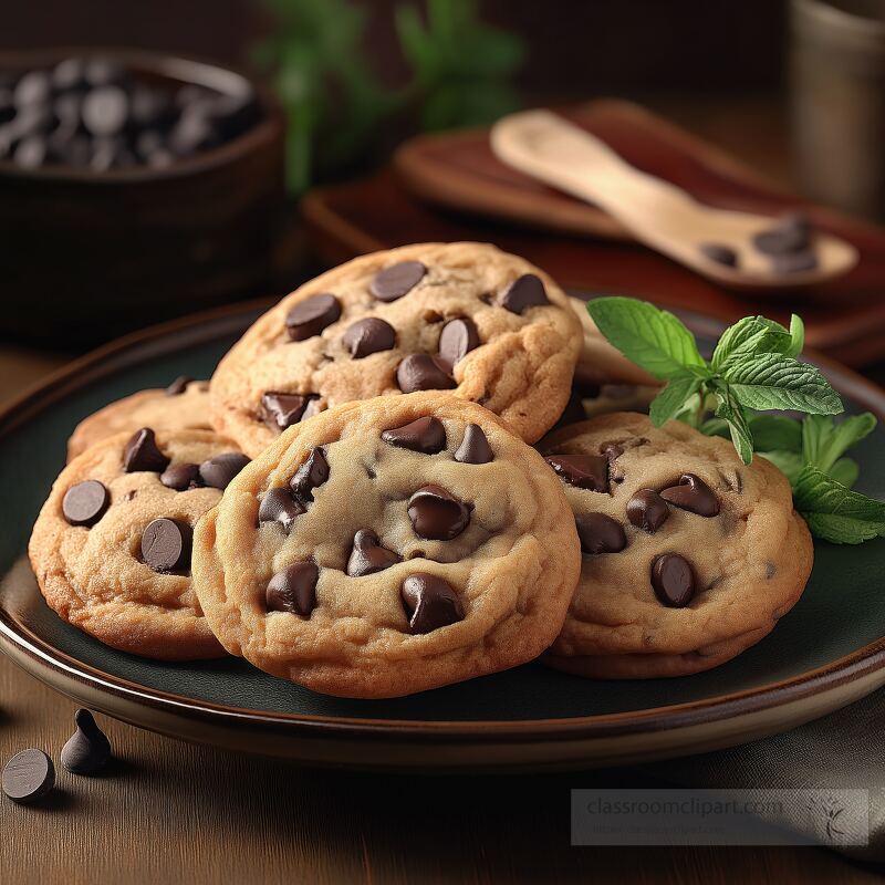 Soft and warm chocolate chip cookies are arranged on a dark green plate Fresh mint leaves add a touch of color while a wooden spoon and chocolate chips sit in the background