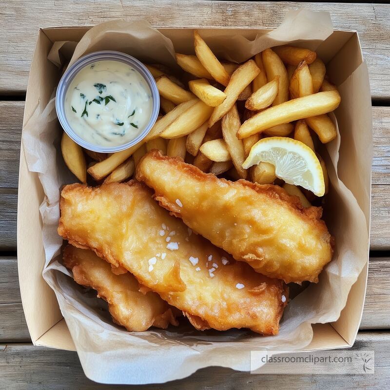 Freshly cooked fish is served alongside golden crispy fries a side of creamy tartar sauce and a wedge of fresh lemon This classic dish offers a perfect combination of flavors