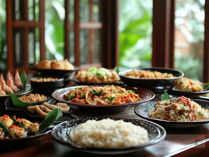 A stunning assortment of Indonesian dishes is beautifully arranged on a dining table, surrounded by a welcoming dining room filled with natural light.