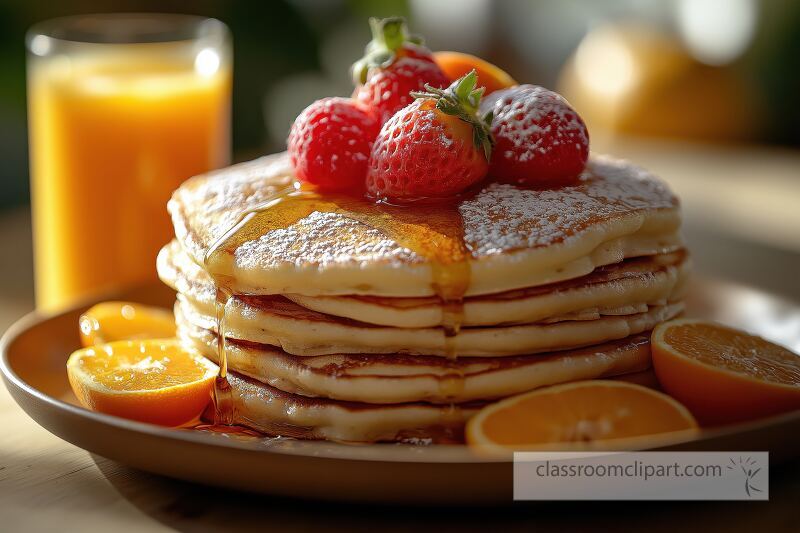 Fluffy pancakes stacked high topped with fresh strawberries and a drizzle of syrup Served with orange slices and a refreshing glass of juice in a cozy setting