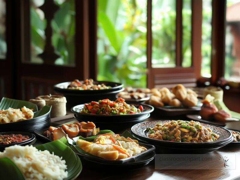 A vibrant dining table beautifully showcases an array of Indonesian dishes, inviting guests to enjoy a culinary journey among colorful plates and warm hospitality.