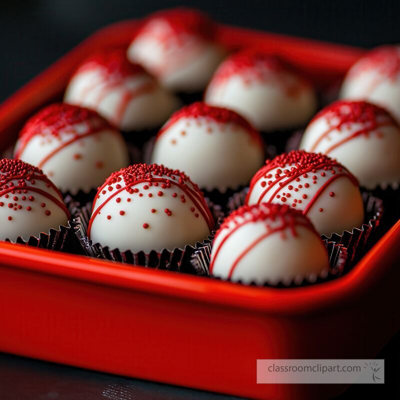 A vibrant red tray holds an assortment of beautifully decorated chocolate confections Each treat features white chocolate coating and colorful embellishments showcasing artistry and creativity