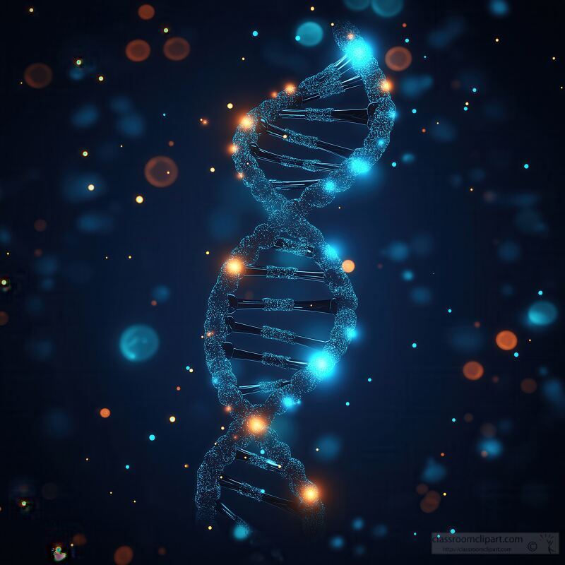 An intricate digital representation of a DNA double helix illuminated by vibrant blue lights.