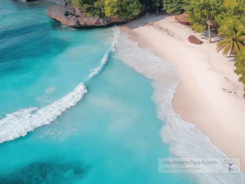 Stunning turquoise waters meet pristine white sand along a serene beach in Bali. Gentle waves lap at the shore as lush greenery provides a tropical backdrop, inviting relaxation.