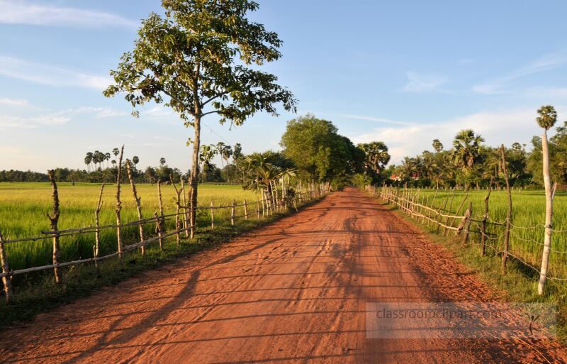 Vibrant green rice fields stretch beside a rustic dirt road leading to the iconic Angkor Wat. Lush trees create a serene atmosphere under a clear blue sky inviting travelers to embark on a picturesque journey.