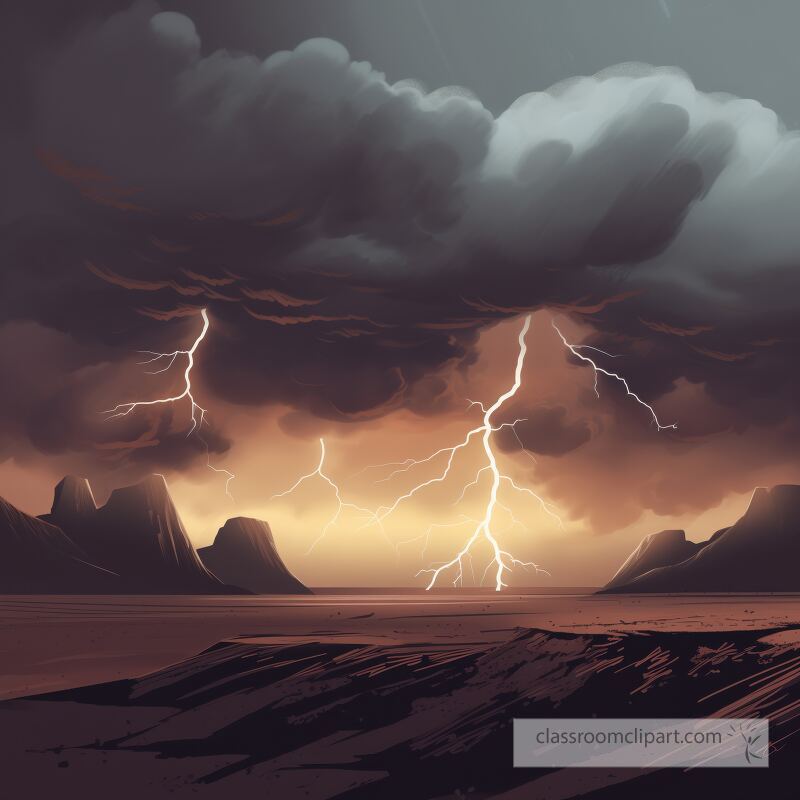 Dark clouds loom over rugged mountains as powerful lightning splits the sky The ominous atmosphere is enhanced by the distant rumble of thunder and the electric energy in the air