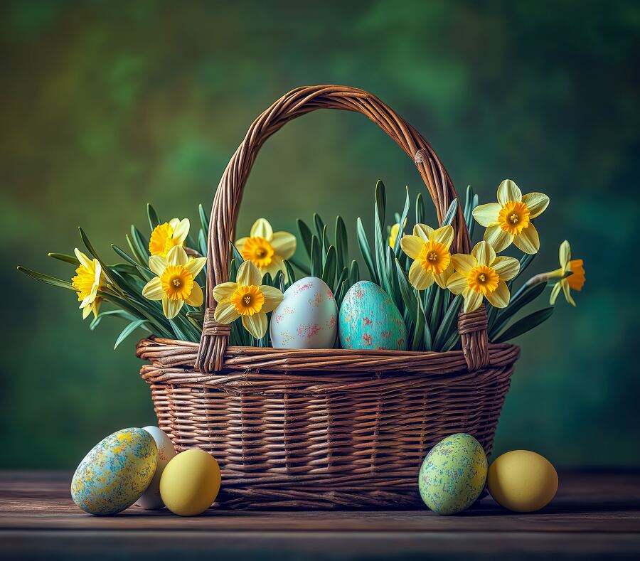 Pastel colored eggs nestled in a woven basket with vibrant daffodils arranged artfully