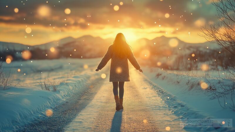 Embracing New Beginnings on a Snowy Road at Sunset