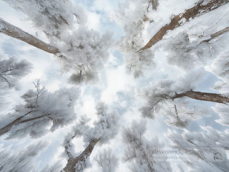 Towering trees, draped in thick ice and frost, reach toward the cloudy sky. A soft fog envelops the forest, creating a mystical ambiance that captures the beauty of winter.