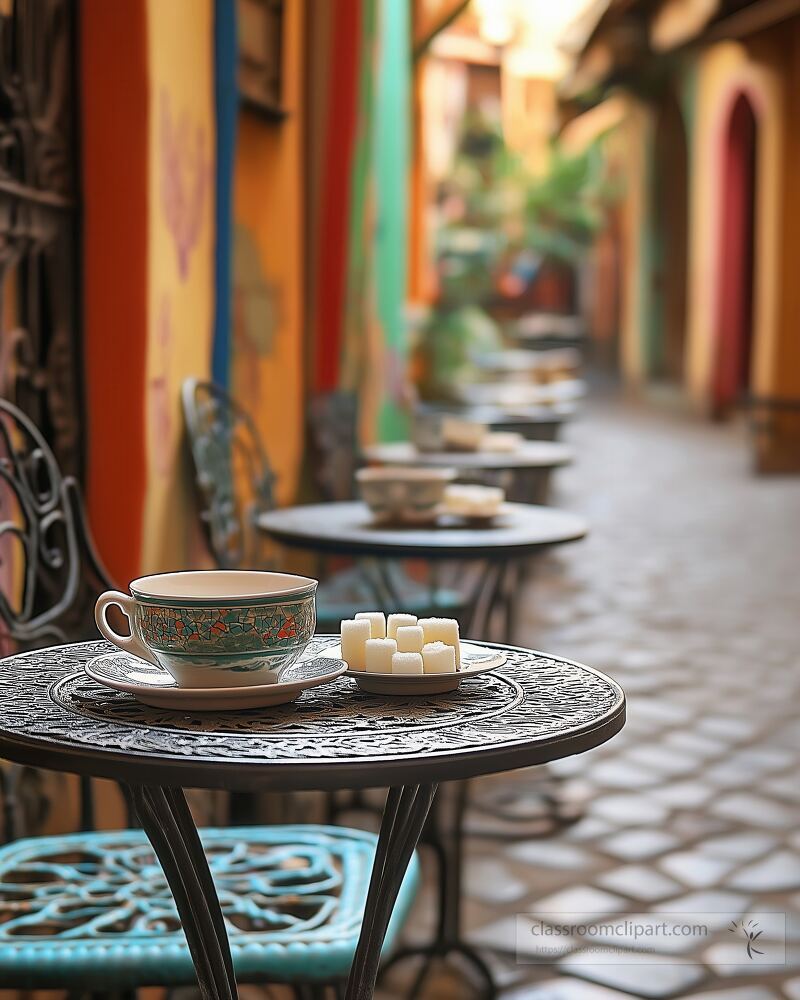 Charming courtyard with colorful woven chairs and small metal tables invites relaxation. Fresh mint tea awaits, adorned with sugar cubes, in the heart of Moroccos lively atmosphere.