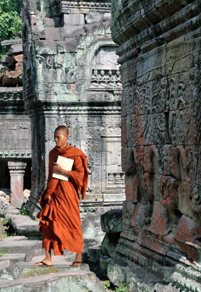 A monk walks gracefully through the ancient ruins of Angkor Wat surrounded by intricate stone carvings and lush greenery. The serenity of the temple grounds invites contemplation and peace.