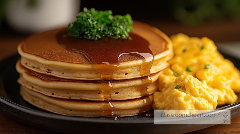 A stack of fluffy golden pancakes topped with syrup and fresh herbs sits beside a serving of creamy scrambled eggs This delightful breakfast is perfect for any morning