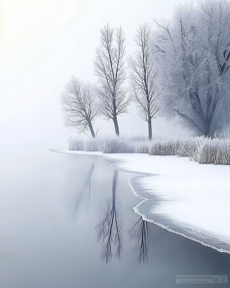 Foggy Morning on a Frozen Lake With Serene Reflections