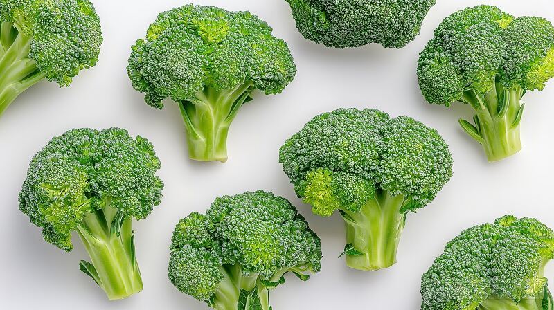 Lush heads of broccoli are artfully arranged on a bright white surface showcasing their vibrant green hue and unique textures.