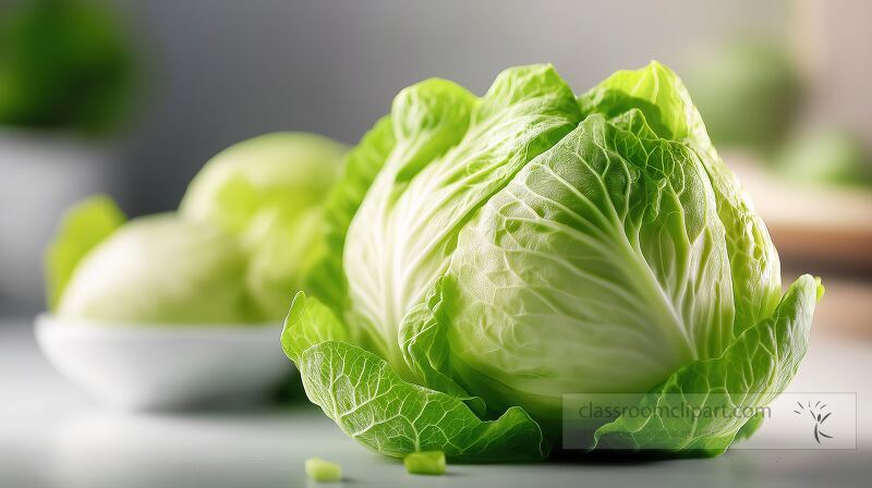 A fresh cabbage stands prominently with its bright green leaves surrounded by additional cabbages on a clean surface The setting highlights the freshness of the produce