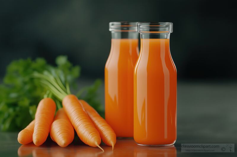 Two clear glass bottles of vibrant carrot juice sit gracefully beside a bunch of fresh unpeeled carrots. This setup radiates health and freshness.