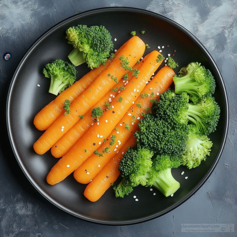 A plate showcases bright orange carrots arranged with lush green broccoli garnished with herbs. This colorful combination emphasizes healthy eating and fresh ingredients.