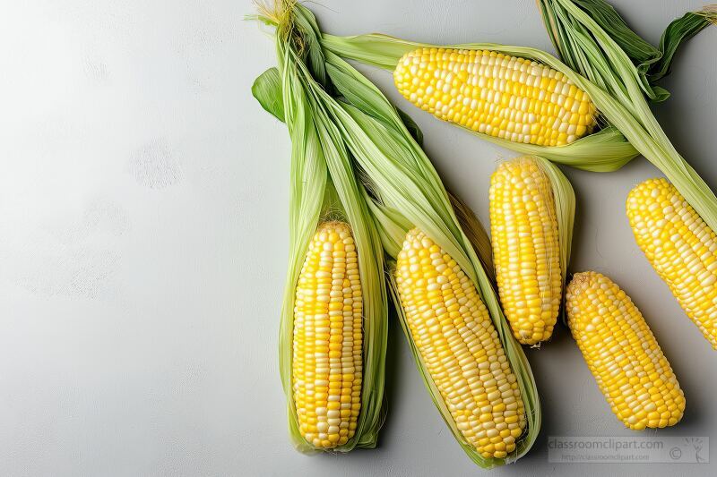 Five vibrant corn cobs with green husks arranged neatly on a white surface. Perfect for recipes grilling or adding a touch of summer to meals.