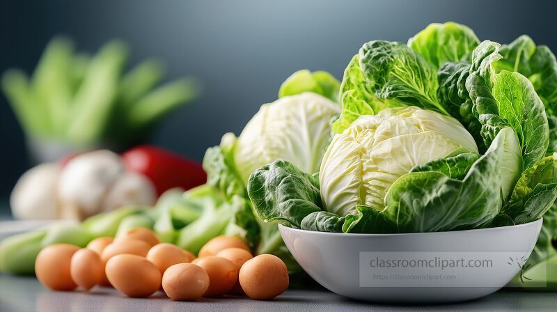 Colorful assortment of fresh cabbage lettuce and eggs arranged neatly on a kitchen table Sunlight enhances the vibrant colors of the produce suggesting meal preparation