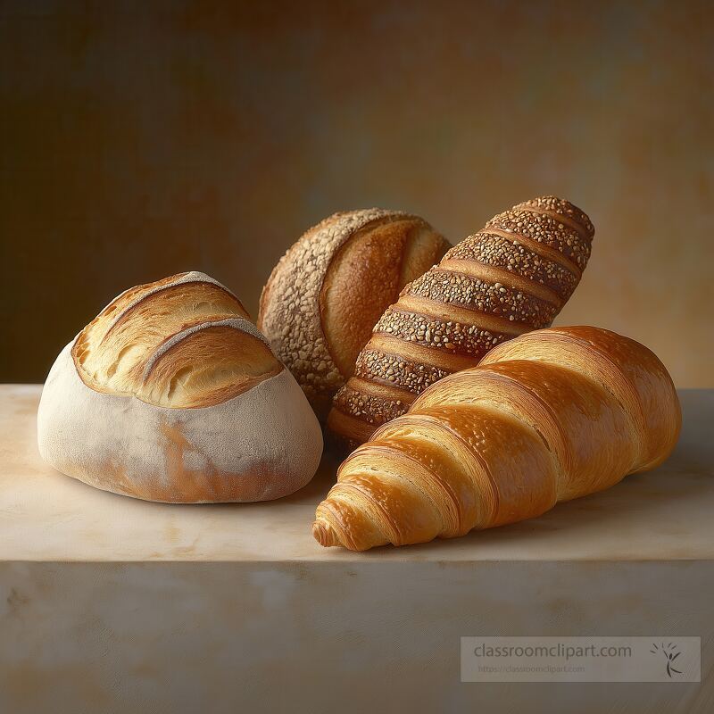 A delightful assortment of freshly baked artisan breads showcases a variety of textures and shapes Each loaf is carefully crafted with unique crust patterns highlighting quality ingredients