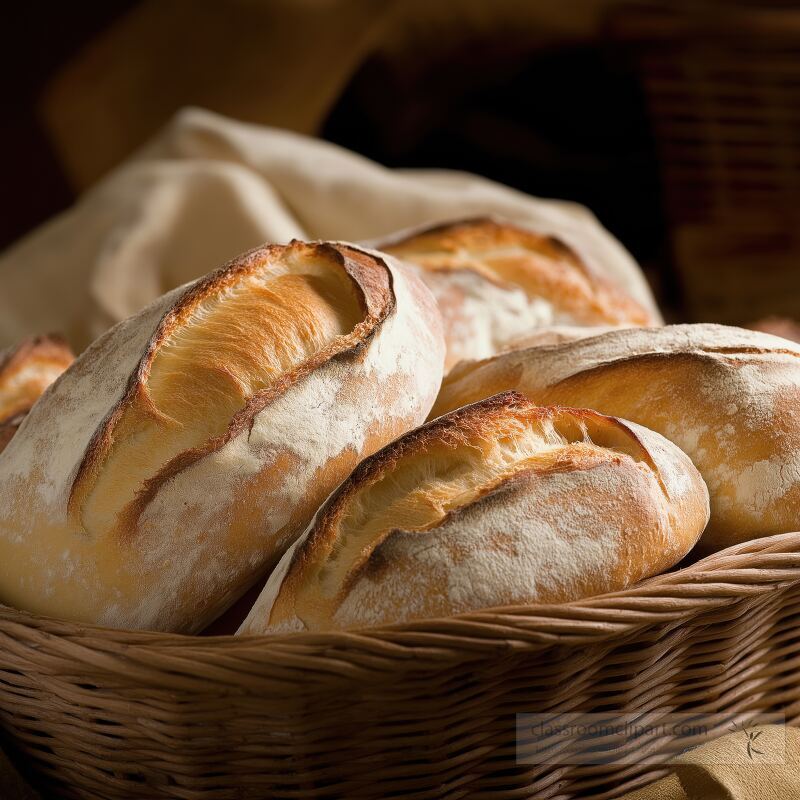 Loaves of freshly baked bread sit invitingly in a rustic basket The warm crust and soft interior exude a comforting aroma perfect for a cozy meal any time of day