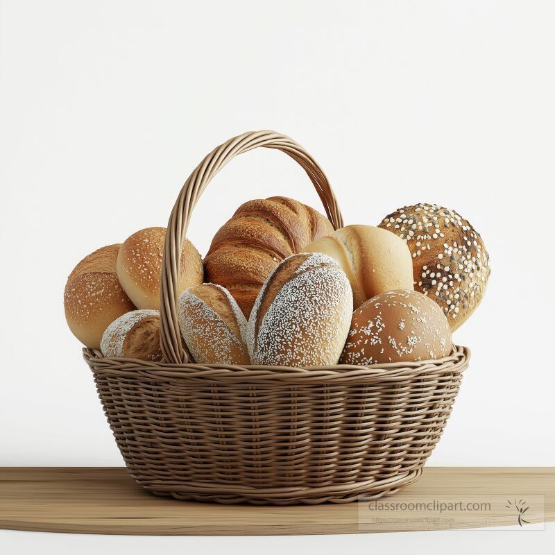 A woven basket is filled with a variety of freshly baked breads showcasing different shapes and textures The setting has a neutral background that emphasizes the warm tones of the bread