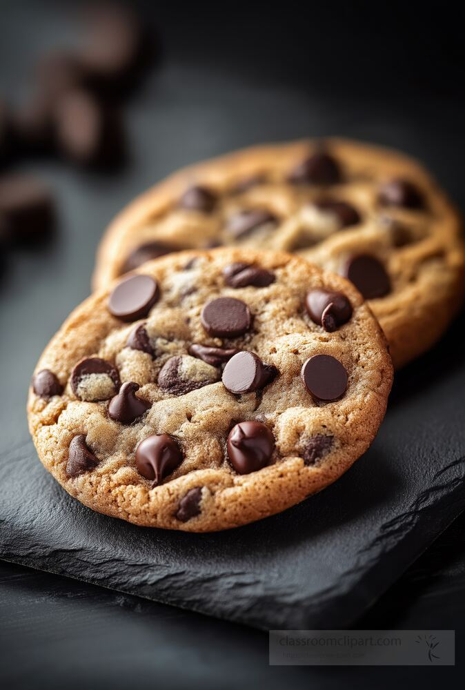 Warm cookies packed with rich chocolate chips sit on a dark slate surface The cookies are golden brown and slightly soft making them an irresistible treat