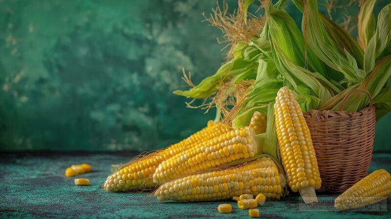 Vibrant ears of corn are artfully arranged with green husks on a textured backdrop showcasing natures bounty at the peak of harvest season and highlighting agricultural abundance.