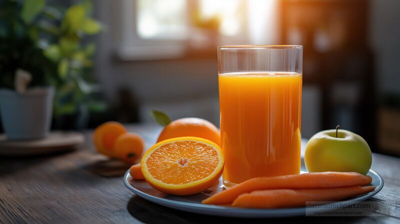 Freshly Squeezed Orange and Carrot Juice on Wooden Table