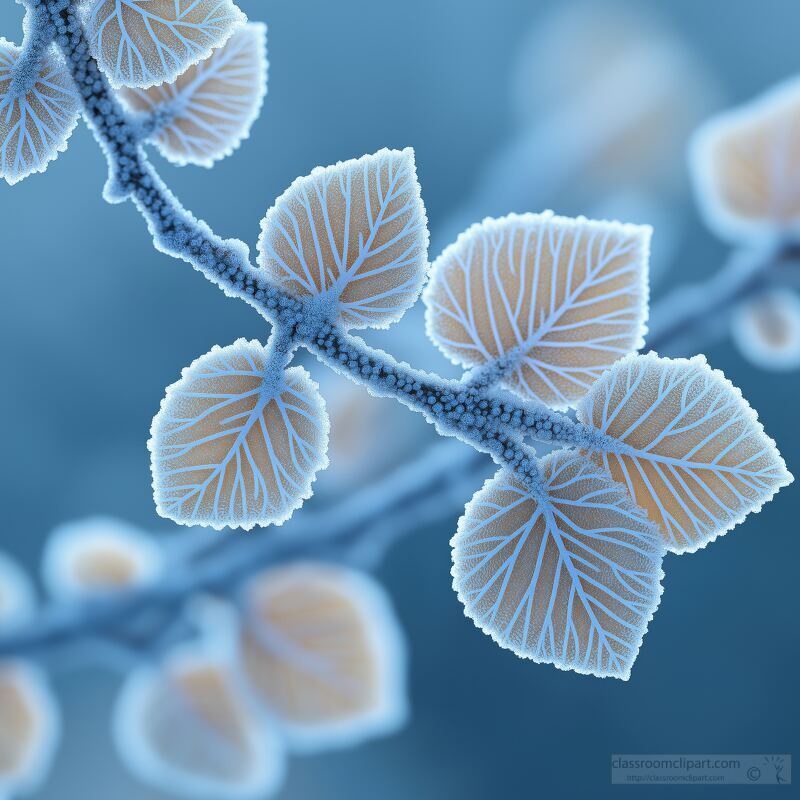 Frosted maple leaves cling to branches in a serene winter landscape. The delicate frost creates a stunning contrast with the soft colors of the leaves evoking a tranquil atmosphere.