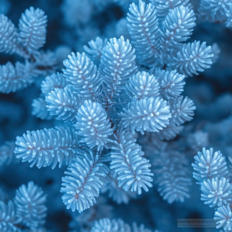 Frosty Pattern on Frosted Blue Foliage in Winter Setting