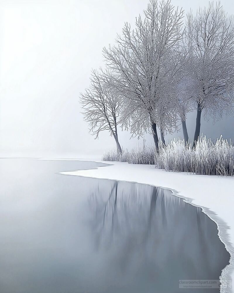 A tranquil frozen lake emerges through morning fog with rime covered trees lining the shore. Stillness prevails as mist casts soft shadows over the serene water.