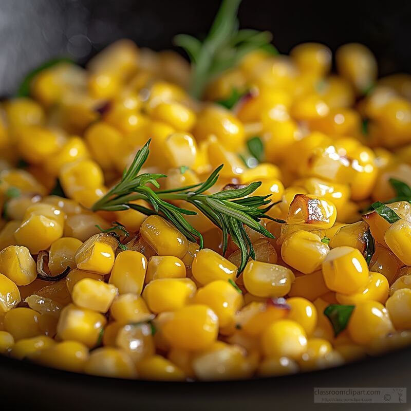 Golden Corn Kernels Glisten in a Rustic Skillet