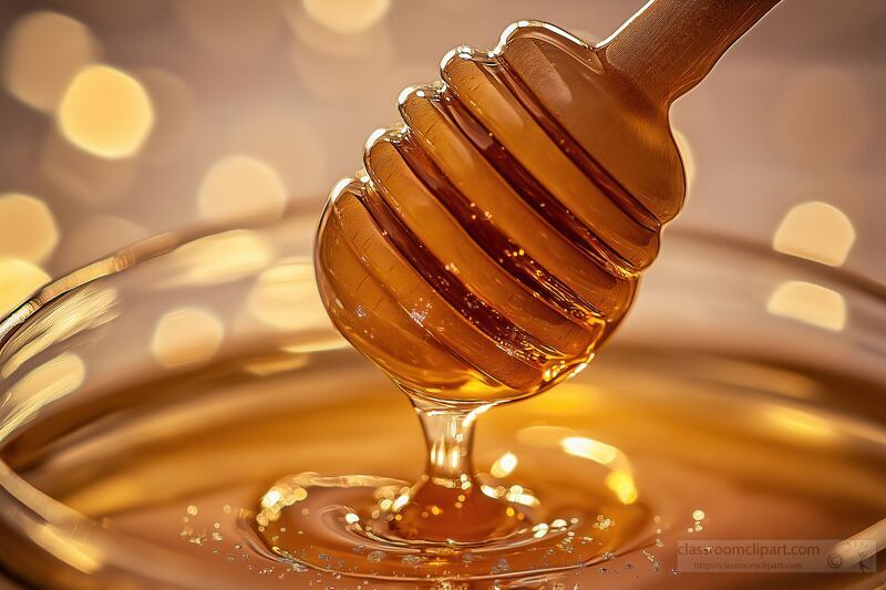 Golden Honey Flowing From a Dipper Into a Glass Jar