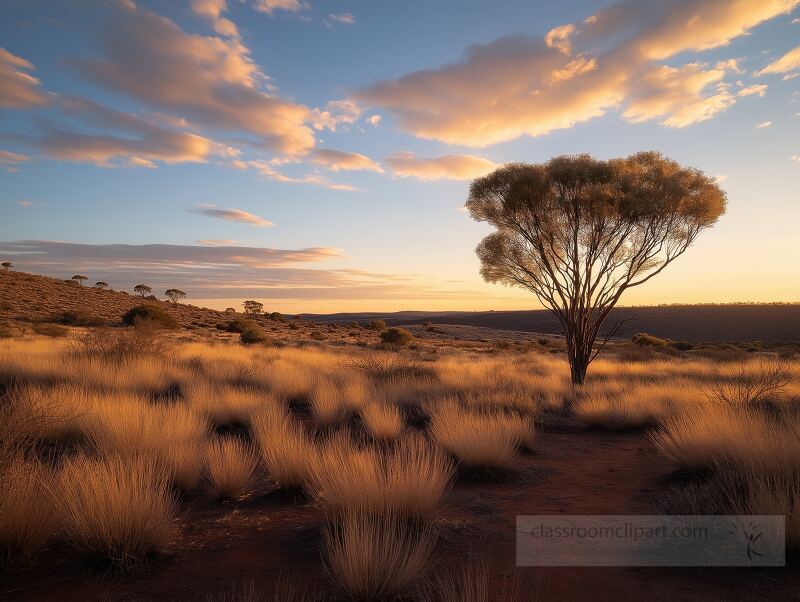 Beneath a breathtaking sky, a solitary tree stands amid golden grasses in the South Australian outback. The warm hues of sunset cast a magical glow over the tranquil landscape.