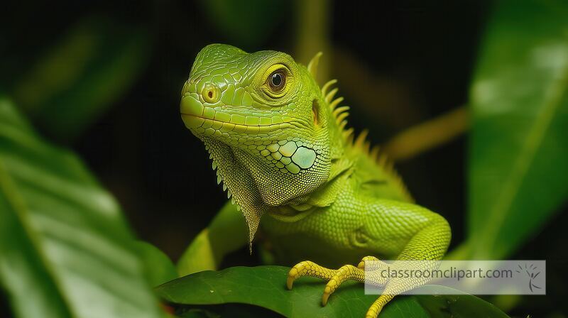 A vibrant green iguana sits calmly on green leaves in a tropical setting in Costa Rica The reptiles scales glisten under soft light showcasing its natural beauty