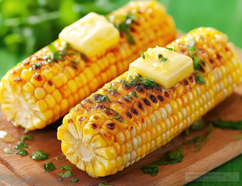 Grilled Corn Cobs With Butter and Herbs on a Wooden Board